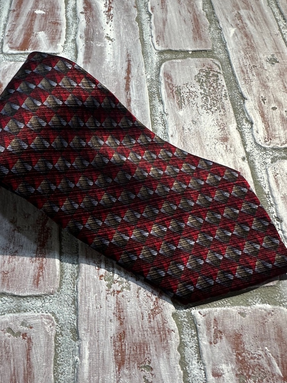 Vintage NUBIO Collezione Esclusivo Silk Tie 90s Geometric Red Grey Black Teflon
